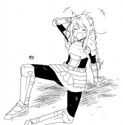 +++ 1girl :d ^_^ arm_up armor armored_boots blush boots bow braid breastplate closed_eyes etrian_odyssey feet_out_of_frame gloves greyscale hair_bow hand_on_own_head highres knee_boots leaf leaf_on_head long_hair monochrome nikki_kyousuke open_mouth paladin_(sekaiju) paladin_2_(sekaiju) pauldrons shadow shoulder_armor simple_background smile solo very_long_hair watermark white_background