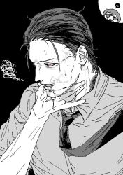 1boy 1other azuran_999 bailey_(degrees_of_lewdity) bailey_(male)_(degrees_of_lewdity) black_hair chibi chibi_inset collared_shirt degrees_of_lewdity greyscale monochrome necktie red_eyes rubbing_neck shirt short_hair solo_focus spot_color