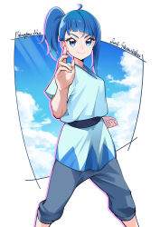 Rule 34 | 1girl, absurdres, blue hair, blue pants, blue sky, blue tunic, capri pants, character doll, character name, closed mouth, cloud, cloudy sky, commentary, cursive, cut bangs, doll, fighting stance, highres, hirogaru sky! precure, looking at viewer, medium hair, outside border, pants, precure, short sleeves, side ponytail, single sidelock, sky, smile, solo, sora harewataru, standing, tunic, yuro (mangasukinoyuro)