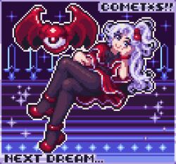 1girl black_pantyhose bow breasts capelet comet_summoner98 dress english_text grey_eyes grey_hair hair_bobbles hair_ornament hand_on_own_face long_hair lowres one_side_up pantyhose pixel_art red_dress ribbon shinki_(touhou) smile solo thinking touhou touhou_(pc-98) white_hair