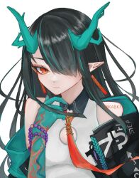 1girl arknights black_hair colored_extremities colored_skin dragon_girl dragon_horns dusk_(arknights) earrings green_hands green_horns green_skin hair_over_one_eye highres horns jewelry k48ki looking_at_viewer pointy_ears red_eyes solo tassel tassel_earrings