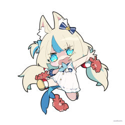 1girl @_@ ahoge animal_ear_fluff animal_ears armpits arms_up blonde_hair blue_eyes cat_ears chibi crab dress fins fish_tail highres indie_virtual_youtuber jumping long_hair med0medo multicolored_hair open_mouth pinching sameko_saba sandals sleeveless sleeveless_dress streaked_hair tail tears twintails virtual_youtuber white_dress