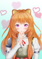 1girl :o animal_ear_fluff animal_ears armor blue_background blush breastplate commentary_request dress gold_trim gradient_background hand_to_own_mouth hand_up heart high_collar highres kuro_chou layered_dress long_hair long_sleeves metal_arm_cuffs neck_ribbon open_mouth orange_hair pauldrons pink_eyes raccoon_ears raccoon_girl raphtalia red_dress red_ribbon ribbon shoulder_armor single_pauldron sleeveless sleeveless_dress solo straight-on striped_clothes striped_dress tate_no_yuusha_no_nariagari upper_body vertical-striped_clothes vertical-striped_dress white_background white_dress