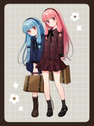 2girls :o arms_behind_back bag binchou_maguro black_ribbon black_shoes black_socks blue_dress blue_hair blue_hairband blunt_bangs blush boots brown_background brown_boots closed_mouth collared_dress commentary_request dress full_body grey_background grid_background hairband holding holding_bag kotonoha_akane kotonoha_aoi lace-up_boots long_hair long_sleeves looking_at_viewer mary_janes multiple_girls neck_ribbon open_mouth pink_hair plaid_clothes plaid_dress red_dress red_eyes red_hairband ribbon rounded_corners shoes siblings sidelocks sisters smile socks standing unmoving_pattern voiceroid