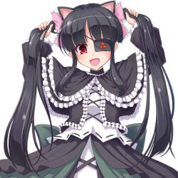 1girl animal_ears black_hair bow cat_ears commentary_request eyepatch flat_chest gothic_lolita grabbing_own_hair hair_bow highres light_blush lolita_fashion long_hair looking_at_viewer mirai_(senran_kagura) mitsudomoe_(shape) open_mouth pink_ribbon raochuu red_eyes ribbon senran_kagura senran_kagura_new_link simple_background smile solo tomoe_(symbol) twintails white_background