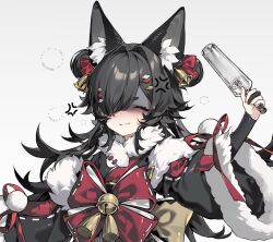 1girl angry animal_ear_fluff animal_ears black_dress bottle closed_eyes closed_mouth commission dress drunk hair_over_one_eye highres holding holding_bottle lite_luyu long_hair one_eye_covered original shaded_face simple_background solo white_background wide_sleeves