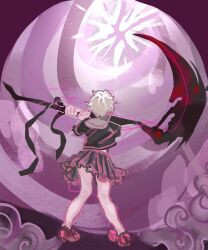 1girl aotsuki_eito bed_sheet female_focus from_behind full_body genderswap genderswap_(mtf) highres holding holding_scythe holding_weapon last_defense_academy_school_uniform messy_hair pleated_skirt purple_background scythe skirt solo solo_focus standing the_hundred_line_-last_defense_academy- weapon white_hair