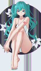 1girl absurdres arm_tattoo armpits ass bare_shoulders barefoot bikini blue_eyes collarbone crotch floral_background floral_print full_body green_hair hatsune_miku highres legs long_hair looking_at_viewer one-piece_swimsuit sitting solo swimsuit tattoo tiandingfengren twintails very_long_hair vocaloid white_background white_bikini