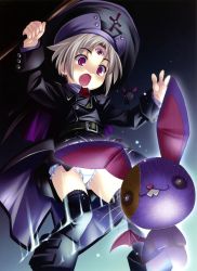 1girl animal belt black_belt black_boots black_hat black_jacket black_skirt black_thighhighs blush boots character_request copyright_request cross hat highres holding jacket kuuchuu_yousai lingerie long_sleeves looking_down mage medium_hair necktie open_mouth panties purple_eyes purple_fur rabbit red_neckwear short_hair silver_hair skirt solo source_request staff surprised teddy_(lingerie) thighhighs third_eye toy underwear upskirt white_panties