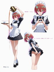 1girl 3: absurdres alternate_costume amate_yuzuriha apron aqua_eyes artist_name ass back_bow black_shoes bobby_socks bow closed_eyes commentary_request covering_ass covering_privates cropped_legs cropped_torso crossed_ankles crossed_legs cup edgar_syu enmaided failure frilled_apron frills full_body gundam gundam_gquuuuuux heart heart_hands highres holding holding_teapot holding_tray loafers looking_at_viewer looking_back maid maid_apron maid_headdress multiple_views open_mouth pantyhose puffy_short_sleeves puffy_sleeves red_hair shoes short_hair short_sleeves smile smug socks spilling standing teacup teapot translation_request tray twitter_username v-shaped_eyebrows watson_cross white_apron white_bow white_socks you&#039;re_doing_it_wrong