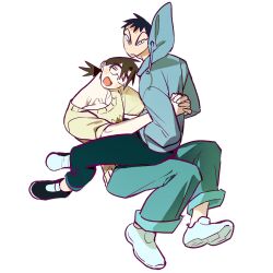 2boys black_pants black_shoes blue_pants closed_eyes commentary frown glasses grey_hoodie highres hood hoodie long_sleeves male_focus multiple_boys open_mouth original pants shoes sitting sitting_on_lap sitting_on_person smile sweater v-shaped_eyebrows vivinos white_shoes yellow_sweater