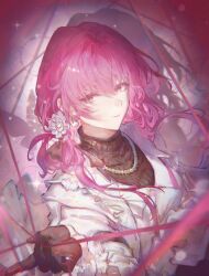 1girl black_gloves flower gloves hair_between_eyes hair_flower hair_ornament highres honkai:_star_rail honkai_(series) jewelry kafka_(honkai:_star_rail) luoxi necklace procreate_(medium) purple_eyes purple_hair shirt smile solo white_shirt