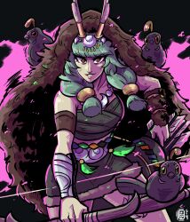 1girl absurdres ancient_greek_clothes antlers arm_warmers artemis_(hades) bird bow_(weapon) deer_antlers drawing_arrow fur-trimmed_arm_warmers fur_trim greco-roman_clothes grey_hair hades_(series) hades_1 hades_2 highres horns owl quail scruffyturtles smile split_bangs thick_bangs weapon