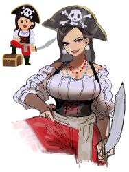 14_(vision5032) 1girl bicorne boots breasts captain_morgan_pose cleavage cutlass dancho_no_mori hat highres holding holding_weapon irasutoya irasutoya_challenge jewelry large_breasts leg_up long_hair looking_at_viewer necklace open_mouth pants pirate pirate_costume pirate_hat skull_and_crossbones smile solo standing weapon white_background