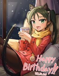 Rule 34 | 1girl, absurdres, animal ears, armchair, black hair, cat ears, cat girl, cat tail, chair, cup, curtains, dark-skinned female, dark skin, francesca lucchini, green eyes, happy birthday, highres, holding, holding cup, indoors, jacket, long hair, looking at viewer, night, open mouth, pantyhose, pillow, red jacket, ribbon, scarf, sitting, snowing, solo, ssalyun, strike witches, tail, twintails, white ribbon, window, world witches series, yellow scarf
