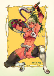 1girl armlet armor bad_id bad_pixiv_id bikini black_hair boots breasts cleavage dark-skinned_female dark_elf dark_skin dated colored_bangs echidna_(queen&#039;s_blade) elf eyeliner f.s. female_focus gluteal_fold green_hair grey_hair hair_between_eyes highres holding holding_sword holding_weapon jewelry khopesh large_breasts long_hair makeup multicolored_hair muscular muscular_female no_panties pauldrons pointy_ears ponytail queen&#039;s_blade red_eyes revealing_clothes shield shoulder_armor simple_background single_pauldron snake solo swimsuit sword thighhighs thighs two-tone_hair veteran_mercenary_echidna weapon