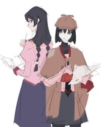 Rule 34 | 2girls, black hair, glasses, hanekawa tsubasa, long hair, long sleeves, medium hair, monogatari (series), multiple girls, naoetsu high school uniform, oshino ougi, school uniform, sonnambulo777, white background