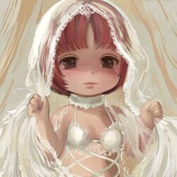 1girl black_jack_(series) blunt_bangs blush bob_cut bra bridal_lingerie bridal_veil choker eyelashes highres lingerie lips loli nsfmeows painterly parted_bangs pink_lips pinoko scar shiny_eyes short_hair solo toddlercon underwear veil