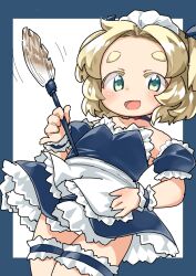 1girl :d apron blonde_hair blue_choker blue_dress blue_eyes blue_ribbon blue_sleeves choker collarbone cream_pie_(nijiura_maids) croixsan detached_sleeves dress duster flat_chest frilled_thigh_strap futaba_channel hair_ribbon holding holding_duster nijiura_maids open_mouth panties pantyshot puffy_short_sleeves puffy_sleeves ribbon short_hair short_sleeves smile solo thick_eyebrows thigh_strap underwear waist_apron white_apron white_panties