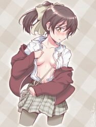 1girl bag belt blush braid breasts brown_hair collarbone gertrud_barkhorn highres kuni-kun looking_at_viewer official_alternate_costume plaid_clothes simple_background skirt small_breasts standing strike_witches world_witches_series