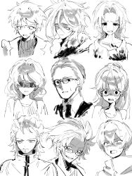 Rule 34 | 2girls, 6+boys, 94dokugen, atou haruki, beard stubble, blood, blood on clothes, clenched teeth, closed mouth, collarbone, collared shirt, commentary request, crying, empty eyes, facial hair, glasses, greyscale, hand on own chest, high collar, highres, isoi reiji, jabuchi you, jacket, kanou aogu, kumazaki karen, kumazaki riku, kurachi terumi, lapels, long hair, medium hair, monochrome, multiple boys, multiple girls, necktie, notched lapels, open clothes, open jacket, open mouth, ponytail, ribbed sweater, round eyewear, saibou shinkyoku, scared, shaded face, shinano eiji, shirt, short hair, simple background, sketch, smile, spoilers, stubble, sweat, sweater, tank top, teeth, turtleneck, turtleneck sweater, white background, yanagi nina