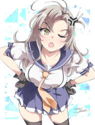 1girl angry antenna_hair artist_name black_thighhighs breasts cowboy_shot dated gakky green_eyes grey_hair hair_tie highres kantai_collection kinugasa_(kancolle) kinugasa_kai_ni_(kancolle) looking_at_viewer medium_breasts neckerchief necktie one_eye_closed one_side_up open_mouth purple_sailor_collar purple_skirt sailor_collar school_uniform serafuku skirt smile solo thighhighs white_background yellow_neckerchief yellow_necktie