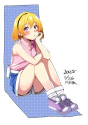 1girl belt blonde_hair blush collared_shirt commentary_request dated denim denim_shorts full_body hairband hand_on_own_cheek hand_on_own_face highres higurashi_no_naku_koro_ni houjou_satoko knees_up looking_to_the_side onuma_kuma pink_eyes shirt shirt_tucked_in shoes short_hair shorts sitting sleeveless sleeveless_shirt sneakers socks solo