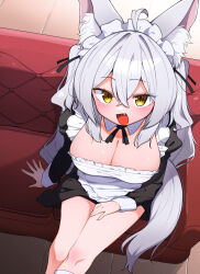 1girl :d absurdres ahoge animal_ear_fluff animal_ears apron arm_support black_dress black_ribbon breasts cleavage couch crossed_bangs detached_collar dress fang fox_ears fox_tail from_above grey_hair hair_ribbon hand_on_own_thigh hibikisan highres large_breasts long_hair long_sleeves looking_at_viewer maid maid_apron maid_headdress open_mouth original ribbon sitting smile solo tail white_apron yellow_eyes
