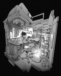 1girl ajunk belt black_hair cable calendar_(object) chair coffee_maker computer corded_phone cradling_phone glasses gloves greyscale highres holding indoors computer_keyboard medium_hair monitor monochrome multiple_monitors office_chair open_mouth original phone plant ponytail refrigerator screen screwdriver shirt shirt_tucked_in short_shorts short_sleeves shorts sitting soldering_iron solo swivel_chair t-shirt talking_on_phone umbrella webcam wide_shot