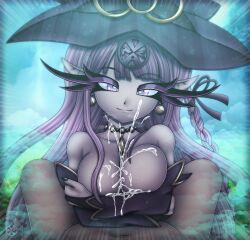 1boy 1girl absurdres amulet breasts cloudy cum danganronpa:_trigger_happy_havoc danganronpa_(series) demon_girl earrings ejaculation ejaculation_between_breasts excessive_cum eyelashes female_focus hairpiece hat hetero highres jewelry kirigiri_kyoko large_breasts long_eyelashes long_hair looking_at_viewer lying necklace orgasm outdoors paizuri pink_eyes pink_hair pov sex smile solo_focus squished_boobs steam topless_female witch_hat