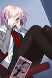1boy 2girls black_pantyhose blush cellphone cellphone_photo covering_own_eyes demon_girl demon_horns fate/grand_order fate_(series) fujimaru_ritsuka_(male) glasses green_eyes guy_tired_after_sex_(meme) highres horns lilith_(fate) longdq3008 mash_kyrielight multiple_girls netorare out-of-frame_censoring pantyhose phone purple_eyes reverse_netorare short_hair smartphone