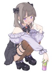 1girl bare_shoulders black_bow black_shoes black_skirt blunt_bangs blush boots bow bowtie breasts brooch brown_hair brown_thighhighs can drink_can energy_drink garter_straps grey_shirt hair_bow highres holding holding_can jewelry jirai_kei long_hair long_sleeves looking_at_viewer maigoyaki medium_breasts off-shoulder_shirt off_shoulder original platform_boots purple_eyes purple_shirt shirt shoes simple_background skindentation skirt smile soda_can solo squatting thigh_strap thighhighs tongue tongue_out twintails white_background