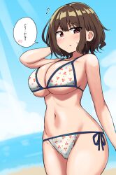 1girl beach bikini blue_sky blush breasts brown_hair cleavage cowboy_shot flying_sweatdrops hand_in_own_hair highres large_breasts looking_at_viewer navel ocean original parted_lips red_eyes senshiya short_hair side-tie_bikini_bottom sky solo speech_bubble spoken_blush standing stomach sweat swimsuit translated white_bikini