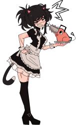 1girl animal_ears apron black_hair cat_ears cat_tail chainsaw chainsaw_man dhalsk hand_on_own_hip highres hybrid looking_at_viewer maid maid_apron medium_hair pochita_(chainsaw_man) scar scar_on_face simple_background smile solo_focus tail tendou_michiko tongue tongue_out tray white_background wrist_cuffs