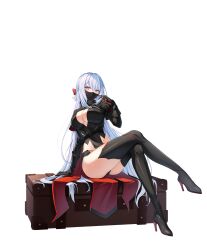 Rule 34 | 1girl, arm support, ass, black boots, black gloves, black shirt, black shorts, black thighhighs, boots, bow, braid, breasts, bright pupils, cape, cleavage, closers, crop top, crossed legs, full body, gloves, hair bow, hand up, high collar, high heel boots, high heels, highres, large breasts, long hair, looking at viewer, mask, micro shorts, midriff, mirae (closers), mouth mask, official art, plunging neckline, red eyes, shirt, shorts, sitting, solo, suitcase, thigh boots, thighhighs, thighs, transparent background, very long hair, white hair