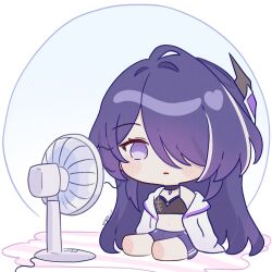 1girl acheron_(honkai:_star_rail) alternate_costume chibi chibi_only closed_mouth commentary electric_fan english_commentary hair_over_one_eye highres honkai:_star_rail honkai_(series) jacket long_hair multicolored_hair open_clothes open_jacket orange_hair purple_eyes purple_hair purple_shorts samlatte shorts signature solo streaked_hair white_jacket