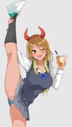 1girl aqua_panties bat_earrings black_eyes black_socks blonde_hair blue_bow blue_bowtie blush bow bowtie breasts brown_hair cleavage collarbone cowboy_shot crescent crescent_earrings cup dark-skinned_female dark_skin disposable_cup drinking_straw earrings facial_mark fang gradient_hair grey_background grey_skirt grey_sweater_vest gyaru hairband haseneko highres holding holding_cup holding_own_leg horn_hairband idolmaster idolmaster_shiny_colors izumi_mei jewelry kneepits large_breasts long_hair long_sleeves looking_at_viewer miniskirt multicolored_hair one_eye_closed open_mouth panties pantyshot pleated_skirt red_hairband school_uniform shirt shoe_soles shoes simple_background skirt smile sneakers socks solo split spread_legs standing standing_on_one_leg standing_split sweater_vest underwear white_shirt