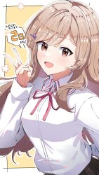 1girl absurdres brown_hair hair_ornament highres long_hair rio_beginner school_uniform sena_ajisai smile solo v watashi_ga_koibito_ni_nareru_wake_naijan_murimuri!