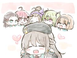 Rule 34 | 6+girls, ahoge, bangs pinned back, beret, blonde hair, braid, breasts, brown hair, earrings, green eyes, green hair, hair ornament, hairband, half up braid, hat, heaven burns red, jewelry, long hair, multicolored hair, multiple girls, ooshima ichiko, ooshima isuzu, ooshima minori, ooshima muua, ooshima niina, ooshima yotsuha, opi, red eyes, red hair, short hair, siblings, sisters, team 31e (heaven burns red), two side up, yellow eyes