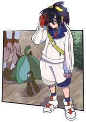 1boy 1other ayutamisin black_hair blue_shirt blue_socks bush clenched_hand closed_mouth collared_shirt commentary_request crossed_bangs gloves hairband jacket kieran_(pokemon) long_sleeves male_focus mole mole_on_neck multicolored_hair naranja_academy_school_uniform nintendo ogerpon pokemon pokemon_(creature) pokemon_sv purple_hair school_uniform shirt shoes shorts single_glove socks solo_focus standing white_jacket white_shoes white_shorts white_socks yellow_eyes yellow_hairband