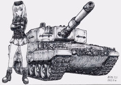 Rule 34 | 1girl, ankle boots, ballpoint pen (medium), bare legs, boots, closed mouth, crossed arms, dated, garrison cap, girls und panzer, greyscale, hat, highres, insignia, itsumi erika, kuromorimine military uniform, leopard 2, long sleeves, looking at viewer, looking to the side, medium hair, military uniform, military vehicle, miniskirt, monochrome, motor vehicle, nspa (spa-jcs), pen (medium), skirt, smile, solo, standing, tank, traditional media, twitter username, vehicle focus, wide shot, wing collar
