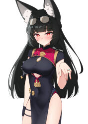 1girl animal_ear_fluff animal_ears black_dress black_gloves black_hair blush braid breasts bright_pupils china_dress chinese_clothes cleavage_cutout clothing_cutout commentary cosplay covered_navel cowboy_shot cutout_above_navel dress eyewear_on_head fingerless_gloves fingernails fox_ears fox_girl gloves half_up_braid hand_up hoshimi_miyabi jewelry large_breasts long_hair looking_at_viewer nail_polish parted_lips pelvic_curtain pink_nails red_eyes ring simple_background single_fingerless_glove solo sunglasses sweety_(zenless_zone_zero) sweety_(zenless_zone_zero)_(cosplay) thighs tinted_eyewear white_background white_pupils xsan_vanny yellow-tinted_eyewear zenless_zone_zero