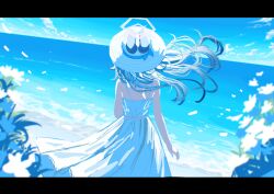1girl absurdres alternate_costume alternate_hairstyle black_hair blue_archive demon_girl demon_horns dress from_behind hat highres horns kayoko_(blue_archive) megumi_kei multicolored_hair ocean scenery solo sun_hat two-tone_hair white_dress white_hair white_hat