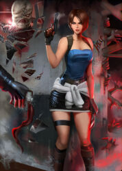 1boy 1girl black_gloves black_skirt blue_eyes blue_tube_top broken_glass brown_hair clothes_around_waist commentary english_commentary fingerless_gloves glass gloves gun handgun holding holding_gun holding_weapon jill_valentine miniskirt nemesis_(resident_evil) resident_evil resident_evil_3:_nemesis short_hair skirt strapless sweater sweater_around_waist tecnomayro tentacles tube_top weapon