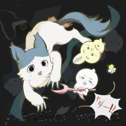black_background camera cat character_request chiikawa chiikawa_(character) claws creature crying crying_with_eyes_open english_text hachiware_(chiikawa) highres mixed-language_text no_humans rabbit tears translation_request usagi_(chiikawa) xianning233