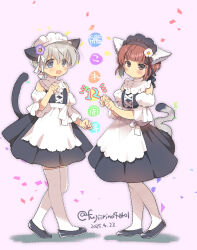 Rule 34 | 2girls, animal ears, anniversary, apron, black dress, black shoes, blue eyes, blush, brown eyes, brown hair, closed mouth, commentary request, confetti, copyright name, dated, detached sleeves, dress, fake animal ears, fake tail, flower, fujii rino, full body, grey hair, highres, kantai collection, maid headdress, multiple girls, open mouth, pink background, shoes, short hair, simple background, standing, tail, thighhighs, twitter username, waist apron, white apron, white flower, white thighhighs, z1 leberecht maass (kancolle), z3 max schultz (kancolle)