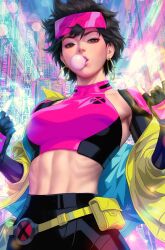1girl abs bag black_hair blowing_bubbles chewing_gum crop_top earrings eyewear_on_head highres hoop_earrings jacket jewelry jubilee looking_at_viewer marvel midriff off_shoulder official_art pink-tinted_eyewear satchel shrug_(clothing) solo stanley_lau tinted_eyewear toned toned_female x-men yellow_jacket