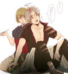 1boy 1girl alternate_hairstyle arrow_(symbol) black_pants black_shirt blonde_hair blue_kimono bow breasts collarbone commentary commentary_request facial_scar fishnet_thighhighs fishnets gintama grey_hair hair_bow hand_on_another&#039;s_knee highres holding holding_smoking_pipe japanese_clothes kimono kiseru leaf_print mo_mo_rice open_clothes open_mouth open_shirt pants red_sash sakata_gintoki sash scar scar_on_cheek scar_on_face shirt short_hair short_sleeves sitting sleeveless sleeveless_kimono smoking_pipe speech_bubble sweat thighhighs topknot tsukuyo_(gintama) white_background