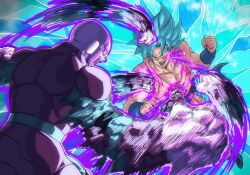 Rule 34 | 2boys, afterimage, bald, battle, blue background, blue eyes, blue hair, clenched hands, colored skin, commentary, dougi, dragon ball, dragon ball super, english commentary, highres, hit (dragon ball), medium hair, multiple boys, muscular, muscular male, no eyebrows, orange tunic, punching, purple skin, rvs910, son goku, spiked hair, super saiyan, super saiyan blue, tunic
