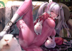 1girl :d absurdres alice_(nikke) animal animal_ear_headphones animal_ears blush bodysuit breasts couch covered_navel cropped_jacket deep_skin fake_animal_ears gloves goddess_of_victory:_nikke grey_hair gun hair_intakes hand_on_own_thigh headphones headset heavy_breathing highres impossible_bodysuit impossible_clothes indoors jacket knee_up latex latex_bodysuit long_hair long_sleeves looking_at_viewer lying medium_breasts on_couch on_side open_mouth pink_bodysuit pink_eyes pink_gloves puffy_sleeves rabbit rabbit_ear_headphones red_jacket revision rifle rossy_(yowayowachimpo) shoes sidelocks skin_tight sleeves_past_wrists smile sneakers socks spread_legs sweat teeth twintails two-tone_gloves upper_teeth_only weapon weapon_on_back white_footwear white_gloves white_socks